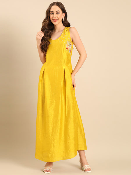 Yellow Bemberg Silk Sleeveless Dress  - AS0729