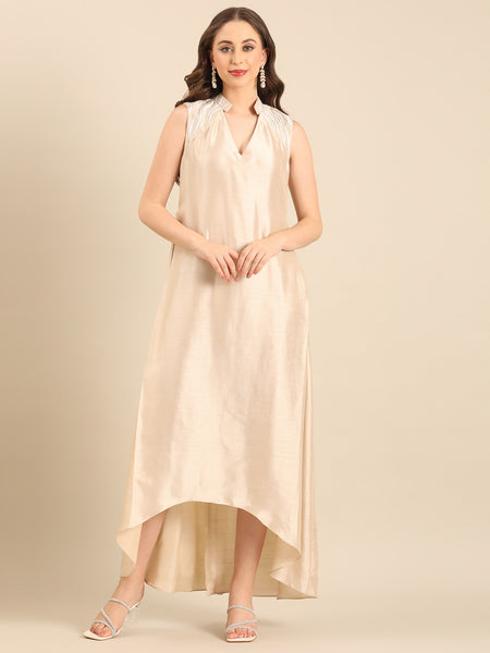 Beige Bemberg Silk  Sleeveless Maxi Dress  - AS0735