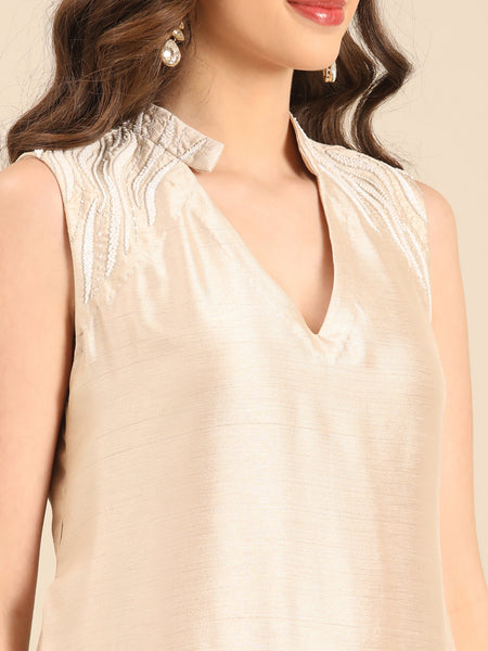 Beige Bemberg Silk  Sleeveless Maxi Dress  - AS0735