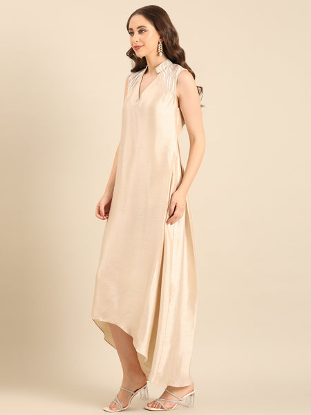 Beige Bemberg Silk  Sleeveless Maxi Dress  - AS0735