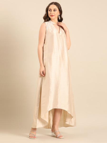 Beige Bemberg Silk  Sleeveless Maxi Dress  - AS0735