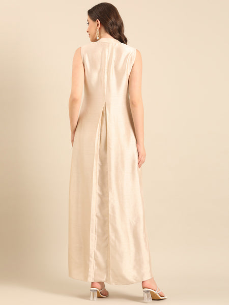 Beige Bemberg Silk  Sleeveless Maxi Dress  - AS0735