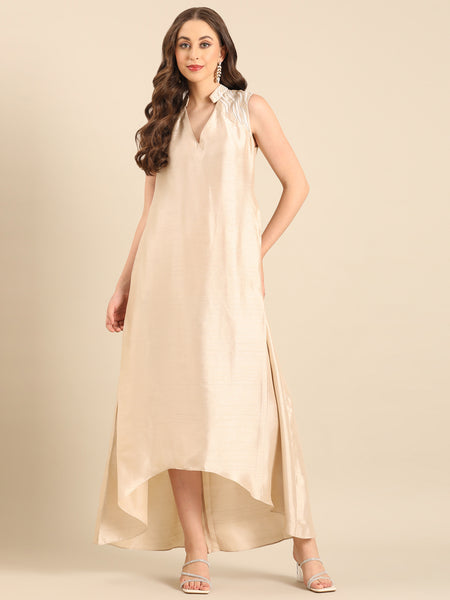 Beige Bemberg Silk  Sleeveless Maxi Dress  - AS0735
