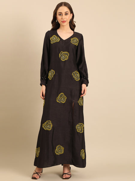 Black Bemberg Silk Flower-Embroidered Dress  - AS0737
