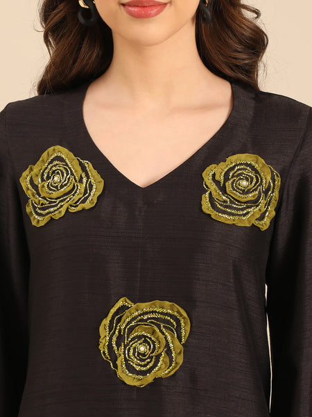 Black Bemberg Silk Flower-Embroidered Dress  - AS0737