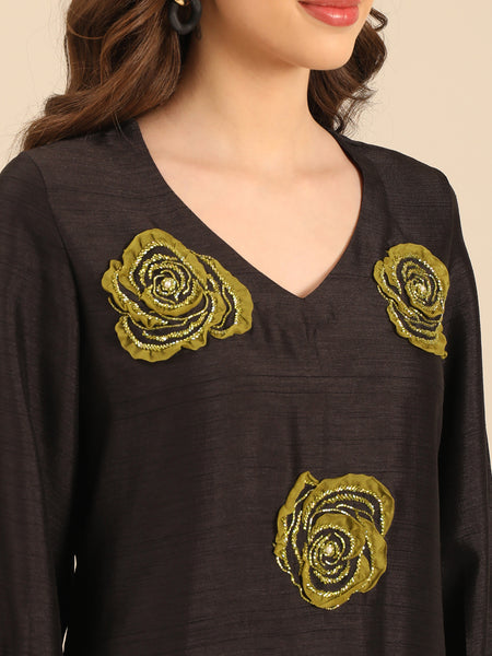 Black Bemberg Silk Flower-Embroidered Dress  - AS0737