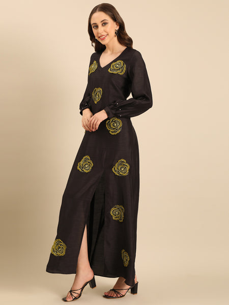 Black Bemberg Silk Flower-Embroidered Dress  - AS0737