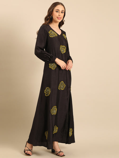 Black Bemberg Silk Flower-Embroidered Dress  - AS0737