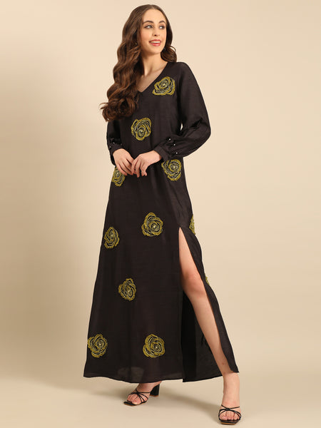 Black Bemberg Silk Flower-Embroidered Dress  - AS0737