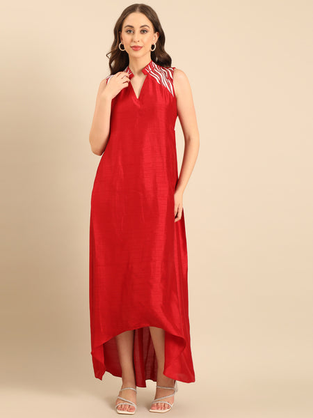 Red Bemberg Silk Embroidered Dress  - AS0738