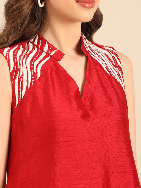 Red Bemberg Silk Embroidered Dress  - AS0738