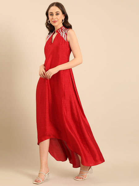 Red Bemberg Silk Embroidered Dress  - AS0738