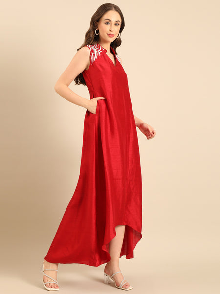 Red Bemberg Silk Embroidered Dress  - AS0738