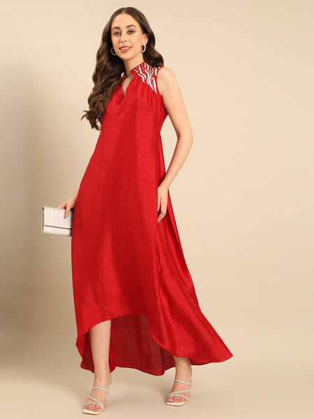 Red Bemberg Silk Embroidered Dress  - AS0738