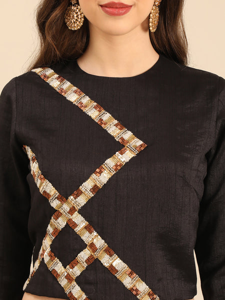 Black Bemberg Silk  Embroidered Long  Blouse  -  ASBL0104