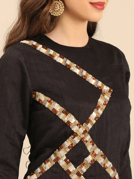 Black Bemberg Silk  Embroidered Long  Blouse  -  ASBL0104