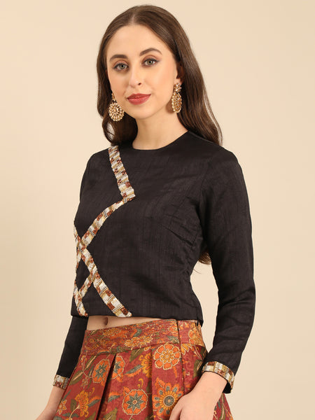 Black Bemberg Silk  Embroidered Long  Blouse  -  ASBL0104