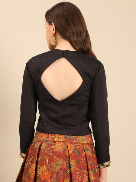 Black Bemberg Silk  Embroidered Long  Blouse  -  ASBL0104