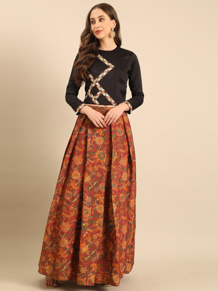 Black Bemberg Silk  Embroidered Long  Blouse  -  ASBL0104