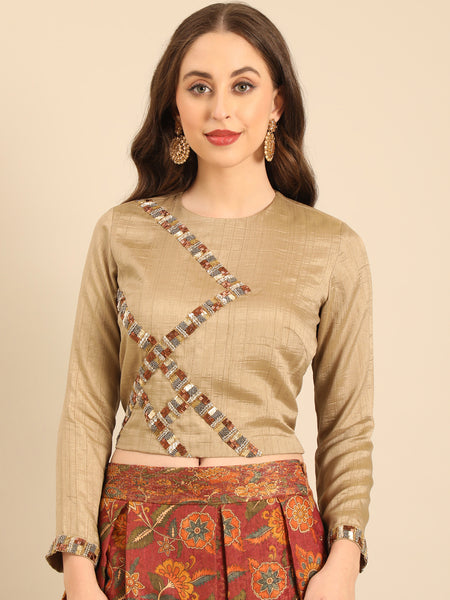 Beige Bemberg Silk Embroidered  Long Blouse  -  ASBL0105