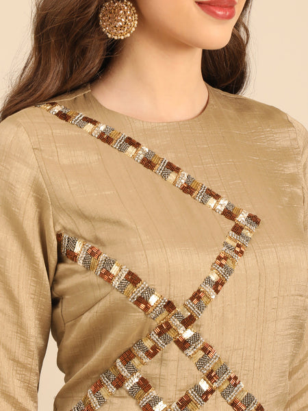 Beige Bemberg Silk Embroidered  Long Blouse  -  ASBL0105