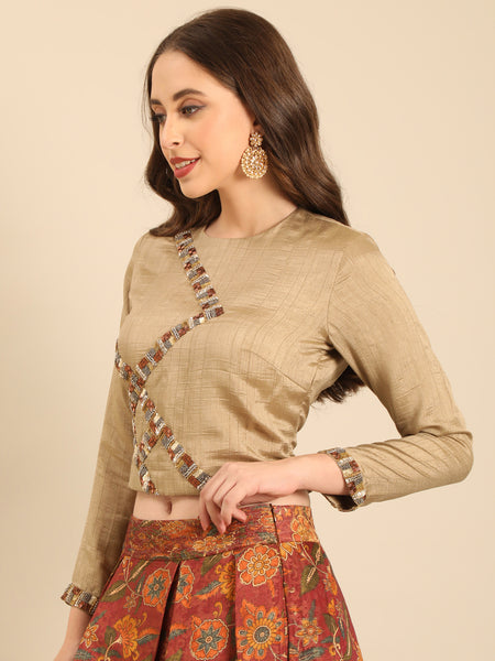 Beige Bemberg Silk Embroidered  Long Blouse  -  ASBL0105