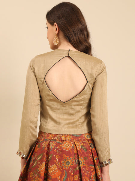 Beige Bemberg Silk Embroidered  Long Blouse  -  ASBL0105