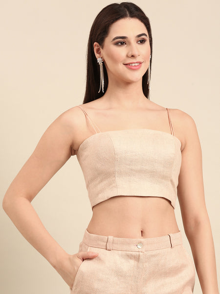 Pink Linen Jaquard Strap Blouse - ASBL0106