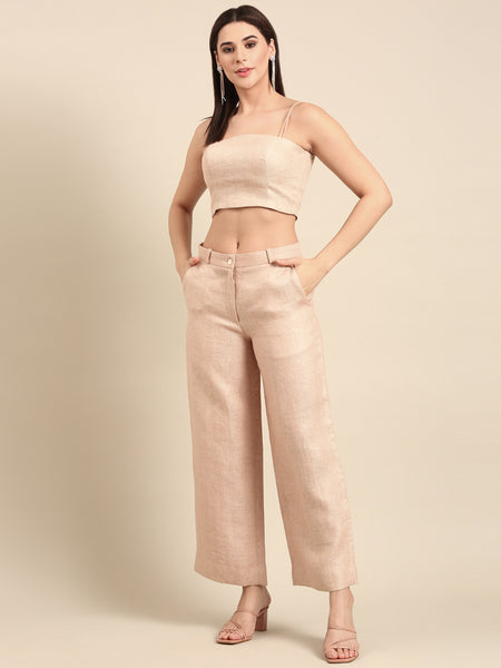 Pink Linen Jaquard Strap Blouse - ASBL0106