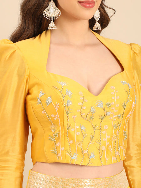 Yellow Silk Chanderi Full- Sleeves Blouse -  ASBL0116