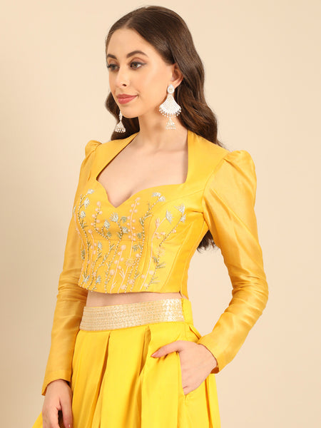 Yellow Silk Chanderi Full- Sleeves Blouse -  ASBL0116