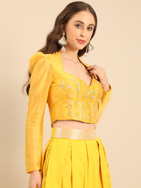 Yellow Silk Chanderi Full- Sleeves Blouse -  ASBL0116