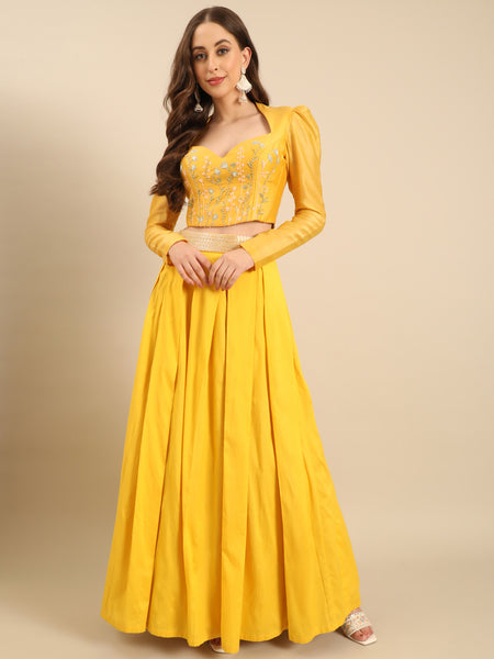 Yellow Silk Chanderi Full- Sleeves Blouse -  ASBL0116