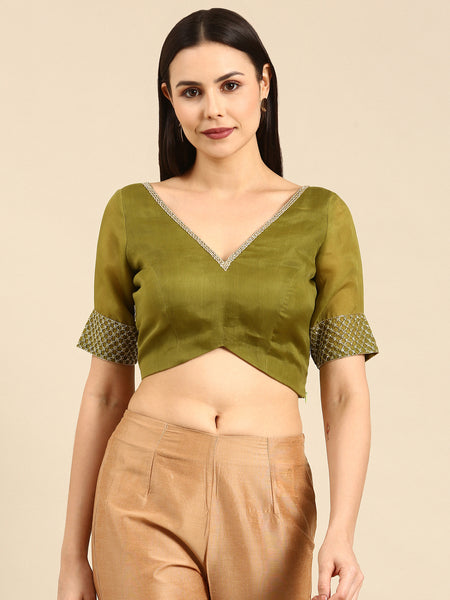 Green Embroidered Organza Blouse - ASBL094