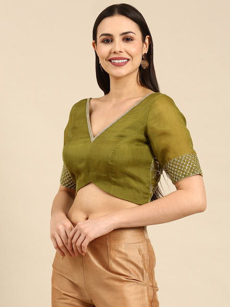 Green Embroidered Organza Blouse - ASBL094
