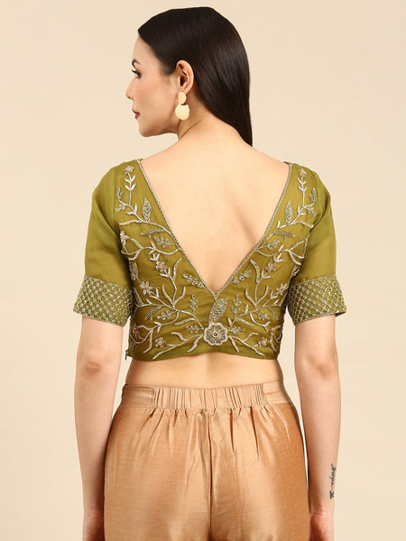 Green Embroidered Organza Blouse - ASBL094