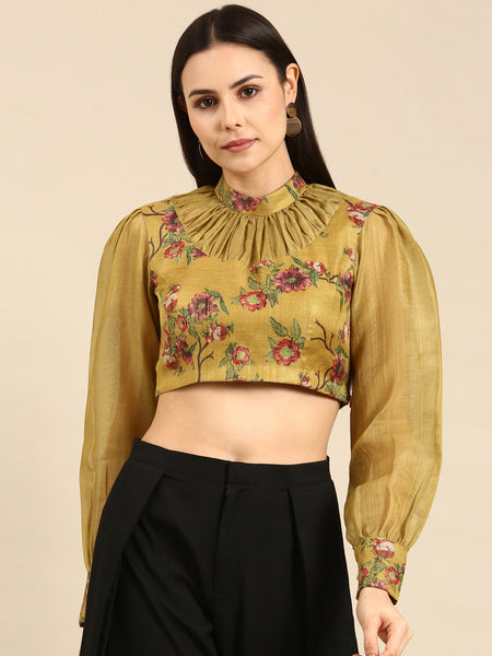 Yellow Printed Chanderi Blouse - ASBL095