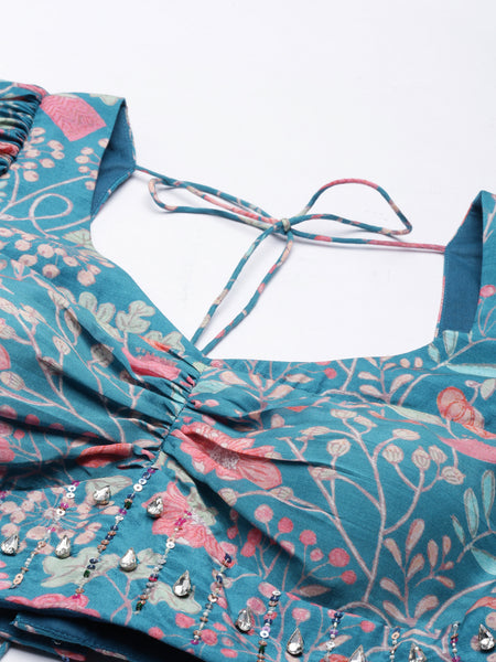 Blue Muslin Digital Print Blouse - ASBL097