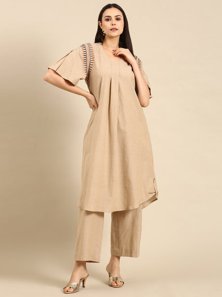 Beige Cotton Embroidered Co-ord Set - ASCRSET019