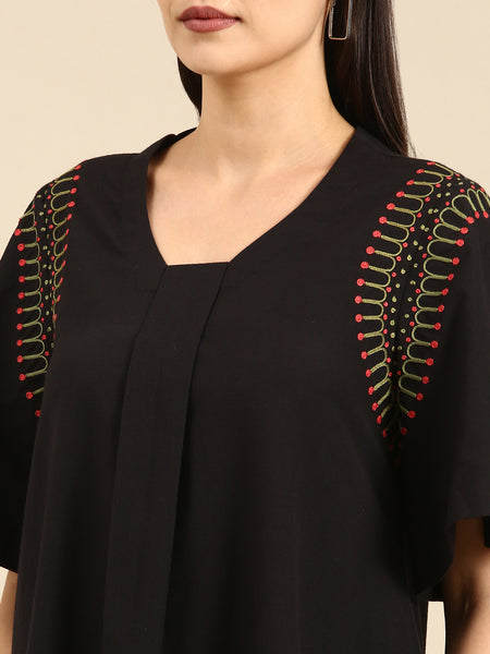 Black Cotton Embroidered Co-ord Set - ASCRSET020