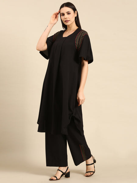 Black Cotton Embroidered Co-ord Set - ASCRSET020