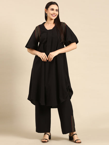 Black Cotton Embroidered Co-ord Set - ASCRSET020