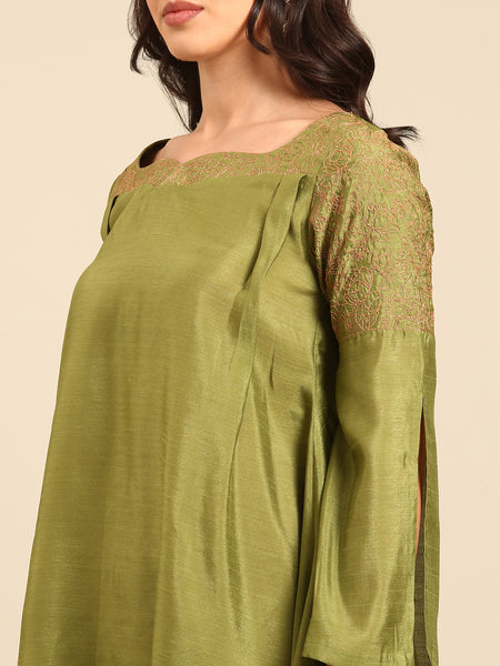 Green Linen Satin Cord Set - ASCRSET032