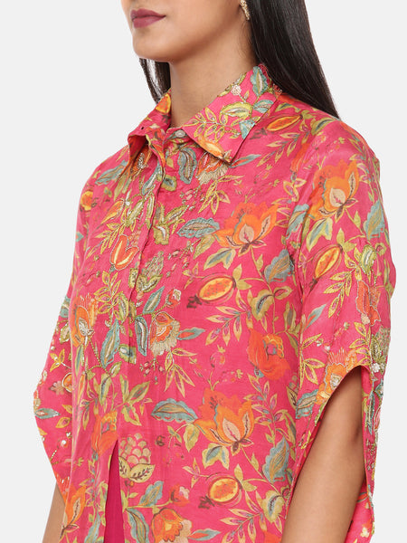 Pink Print Muslin Silk Cord Set - ASCRSET035