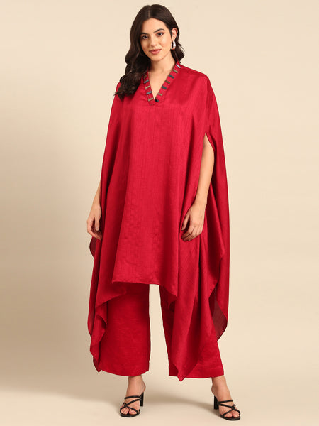 Red Silk Cotton Slub Cord Set - ASCRSET037