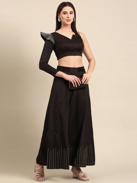 Black Slub Silk Cord Set - ASCRSET046