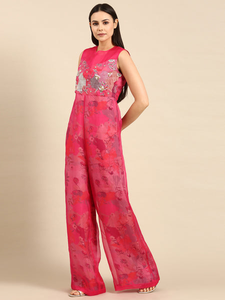 Pink Chanderi Printed Jump Suit - ASJS018