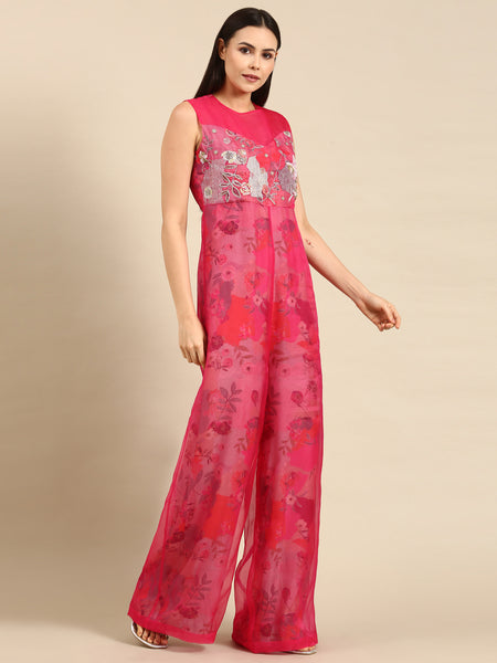 Pink Chanderi Printed Jump Suit - ASJS018
