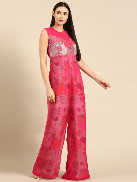 Pink Chanderi Printed Jump Suit - ASJS018