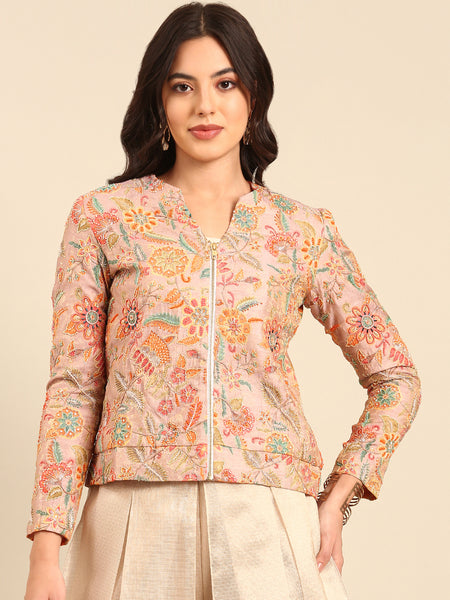 Peach Print Banares Jaquard Jacket - ASJ066